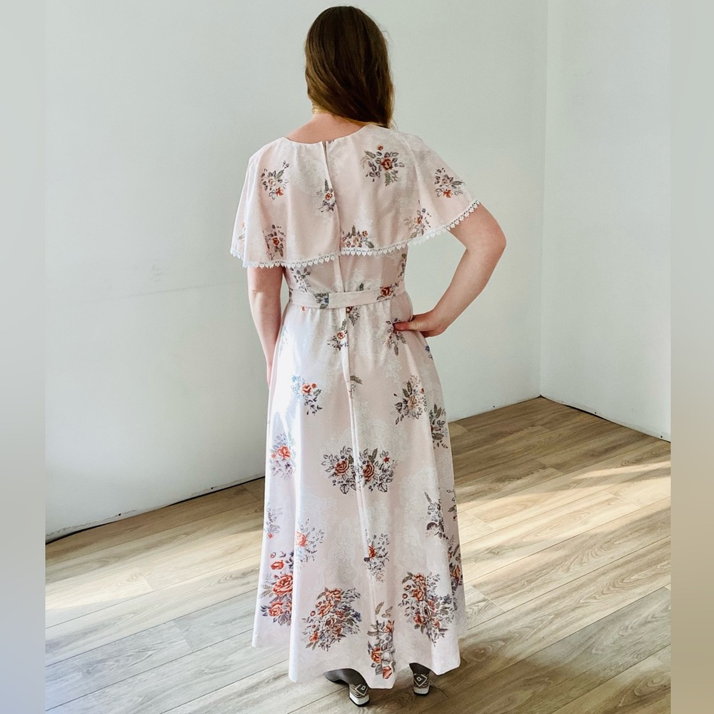 Vintage | Handmade Cottagecore Prairie Belted Pink Floral Maxi Dress - Picture 4 of 10